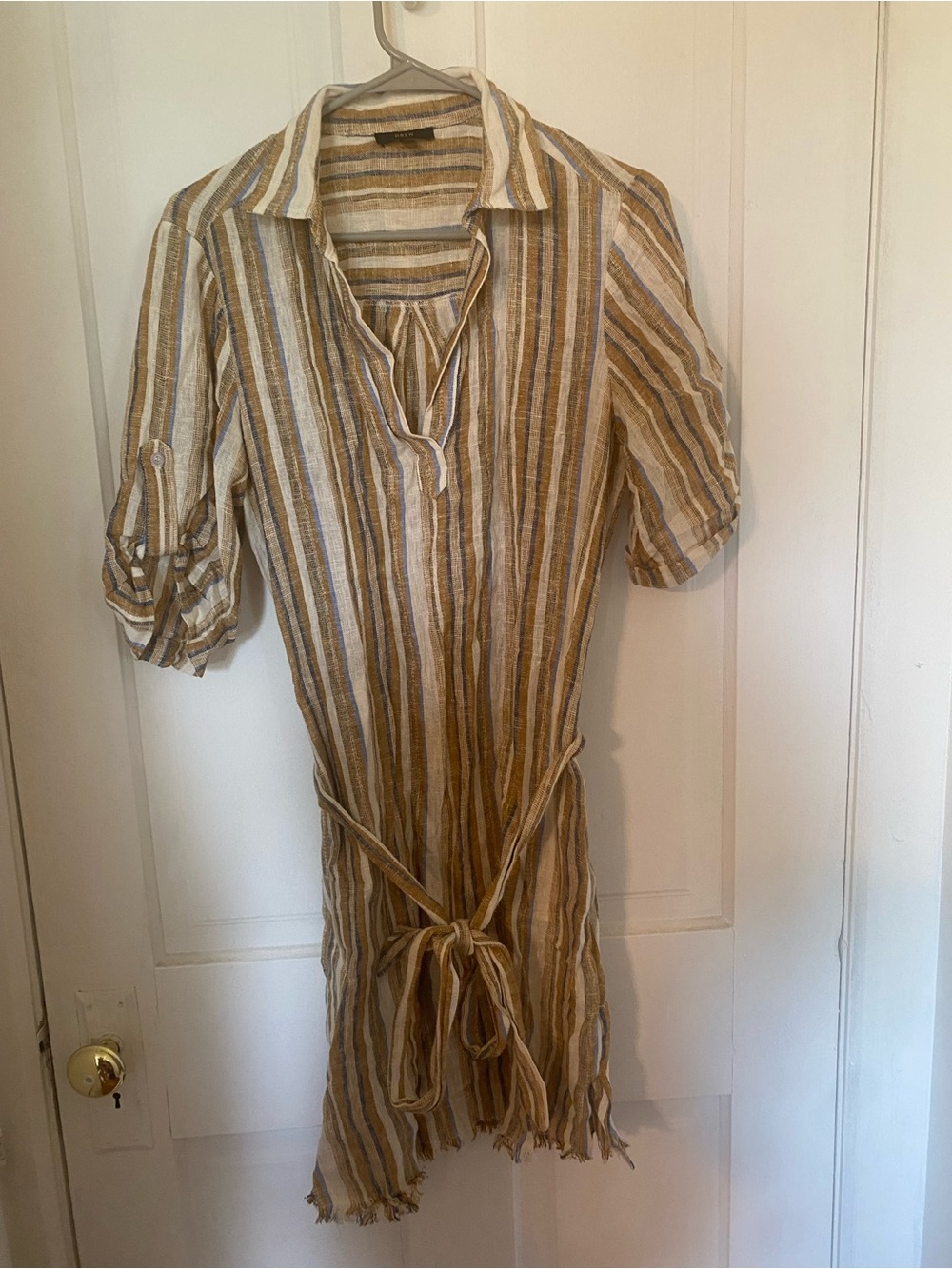 Striped Linen-Blend Tie-Waist Shirt Dress in Beige and White Small